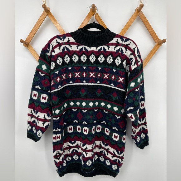 Cut 4 U Other - Vintage Cut 4 U Men's Turtleneck Patterned Knit Sweater Black, Burgundy & Green